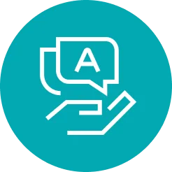 hand holding a dialogue bubble with the letter A inside of it