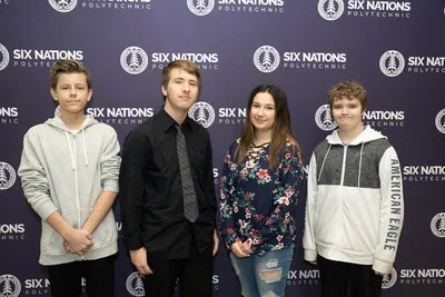 SNP STEAM students partake in IBM's P-TECH program, in partnership with Mohawk College. From left to right: Kayden George, Jarrod Wardell, Natalie Hill, Zacharie Hayes (CNW Group/IBM Canada Ltd.)